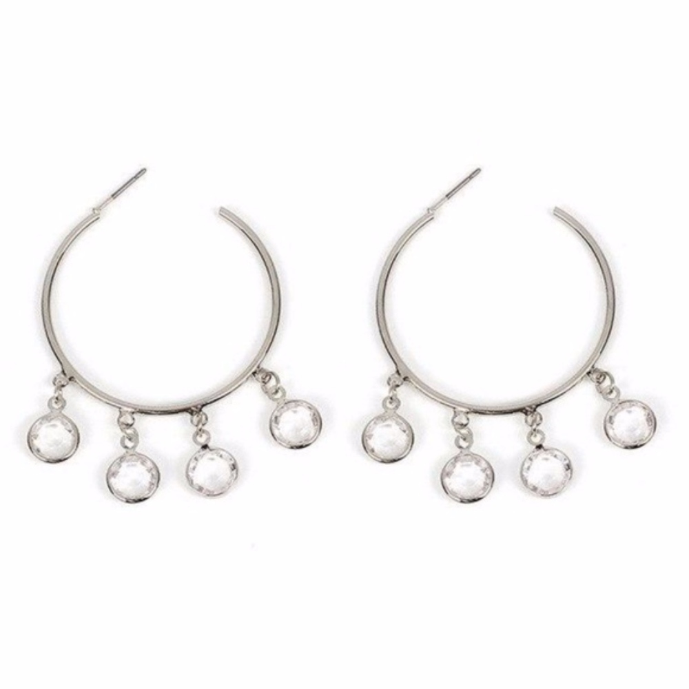 Silver Charm Hoop Earrings With Dangling Crystals